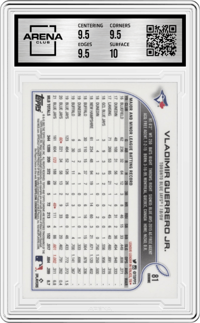 Vladimir Guerrero Jr. from the 2022 Topps Chrome set graded by Arena Club and given an overall grade of 10.