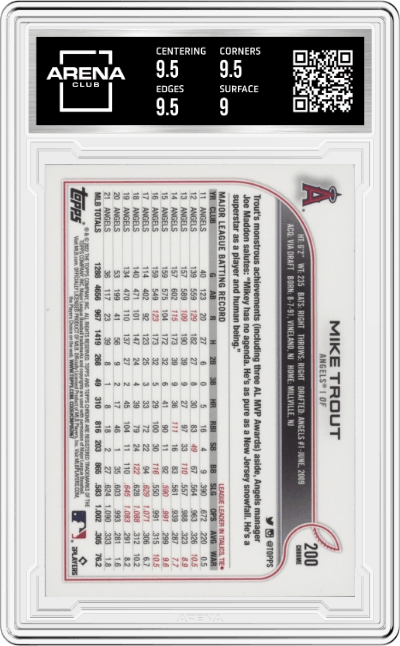 Mike Trout from the 2022 Topps Chrome set graded by Arena Club and given an overall grade of 9.5.