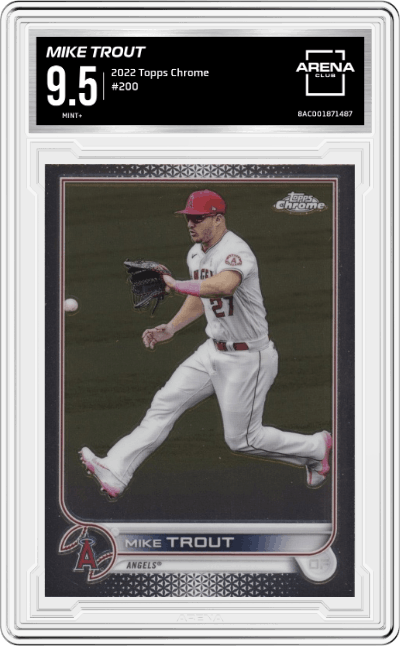 Mike Trout from the 2022 Topps Chrome set graded by Arena Club and given an overall grade of 9.5.