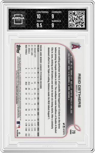 Reid Detmers from the 2022 Topps Chrome set graded by Arena Club and given an overall grade of 9.5.