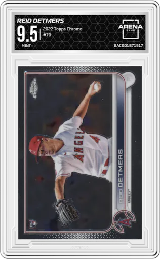 Reid Detmers from the 2022 Topps Chrome set graded by Arena Club and given an overall grade of 9.5.