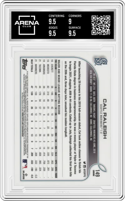 Cal Raleigh from the 2022 Topps Chrome set graded by Arena Club and given an overall grade of 9.5.