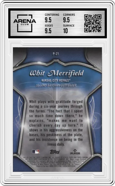 Whit Merrifield from the 2022 Topps Chrome set graded by Arena Club and given an overall grade of 10.