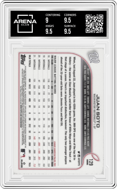 Juan Soto from the 2022 Topps Chrome set graded by Arena Club and given an overall grade of 9.5.