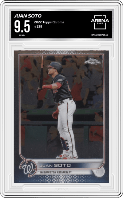 Juan Soto from the 2022 Topps Chrome set graded by Arena Club and given an overall grade of 9.5.
