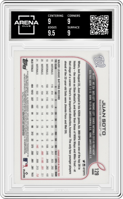 Juan Soto from the 2022 Topps Chrome set graded by Arena Club and given an overall grade of 9.