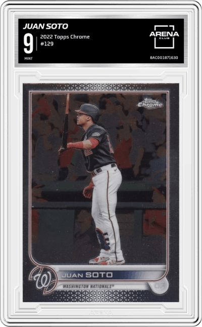 Juan Soto from the 2022 Topps Chrome set graded by Arena Club and given an overall grade of 9.