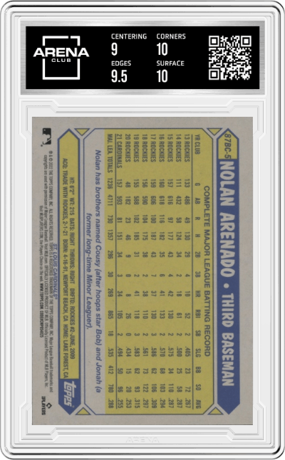 Nolan Arenado from the 2022 Topps Chrome set graded by Arena Club and given an overall grade of 9.5.