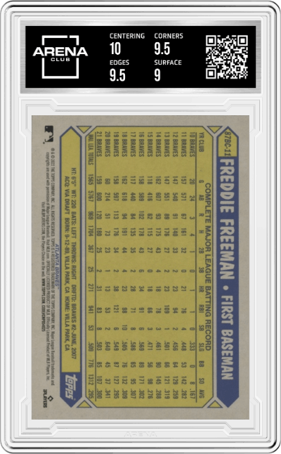 Freddie Freeman from the 2022 Topps Chrome set graded by Arena Club and given an overall grade of 9.5.
