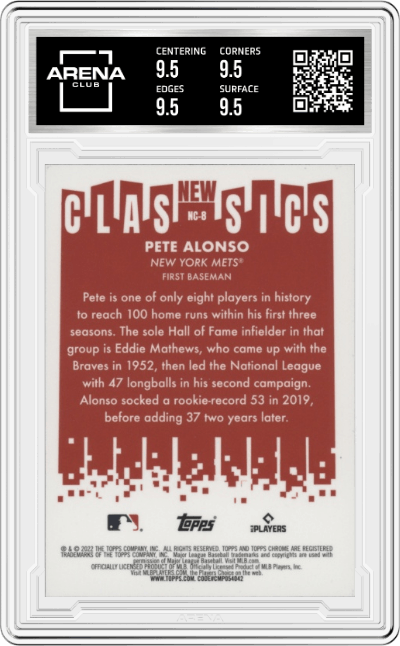 Pete Alonso from the 2022 Topps Chrome set graded by Arena Club and given an overall grade of 9.5.