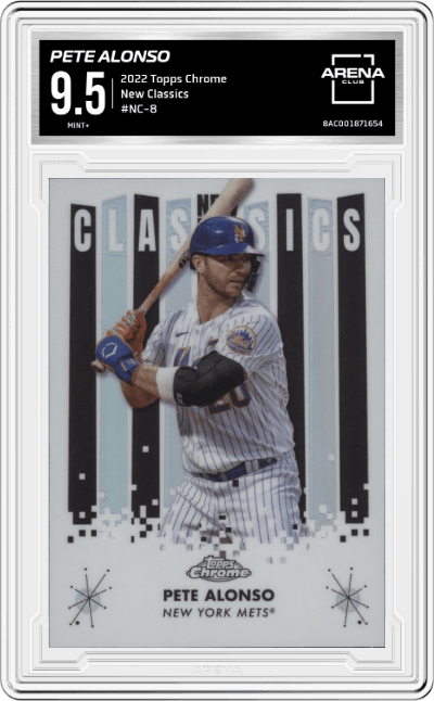 Pete Alonso from the 2022 Topps Chrome set graded by Arena Club and given an overall grade of 9.5.