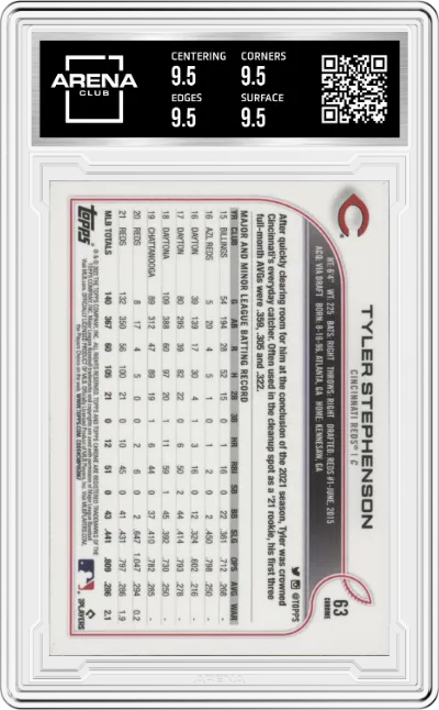 Tyler Stephenson from the 2022 Topps Chrome set graded by Arena Club and given an overall grade of 9.5.