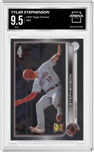 Tyler Stephenson from the 2022 Topps Chrome set graded by Arena Club and given an overall grade of 9.5.