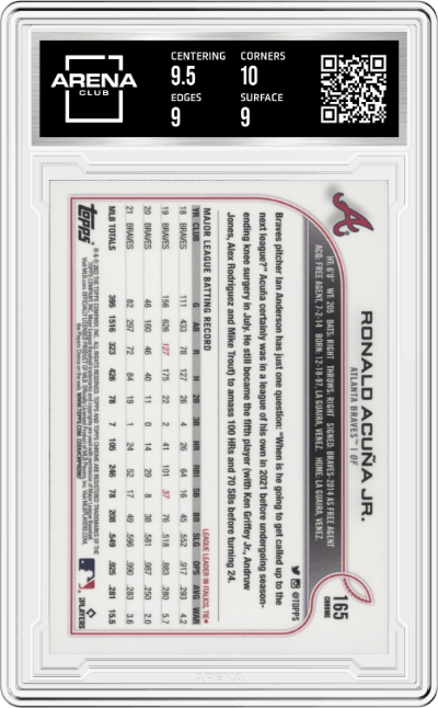 Ronald Acuña Jr. from the 2022 Topps Chrome set graded by Arena Club and given an overall grade of 9.5.