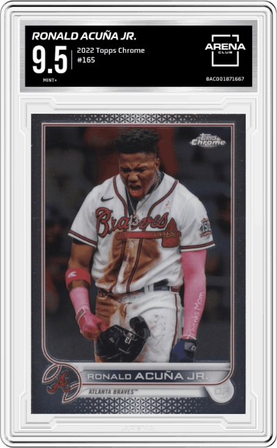 Ronald Acuña Jr. from the 2022 Topps Chrome set graded by Arena Club and given an overall grade of 9.5.