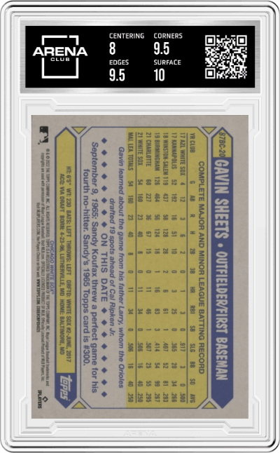 Gavin Sheets from the 2022 Topps Chrome set graded by Arena Club and given an overall grade of 8.5.