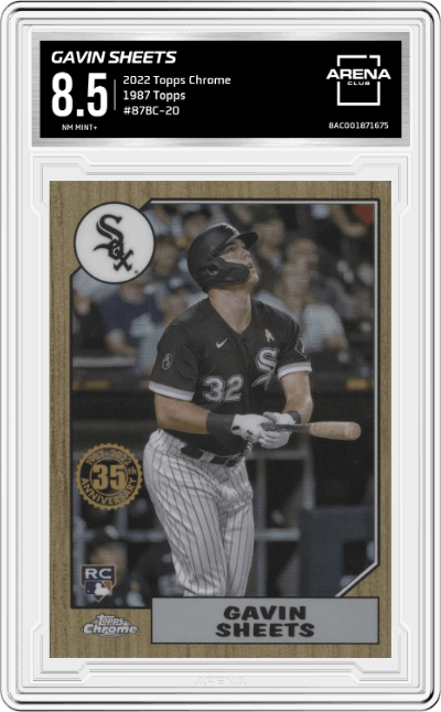 Gavin Sheets from the 2022 Topps Chrome set graded by Arena Club and given an overall grade of 8.5.