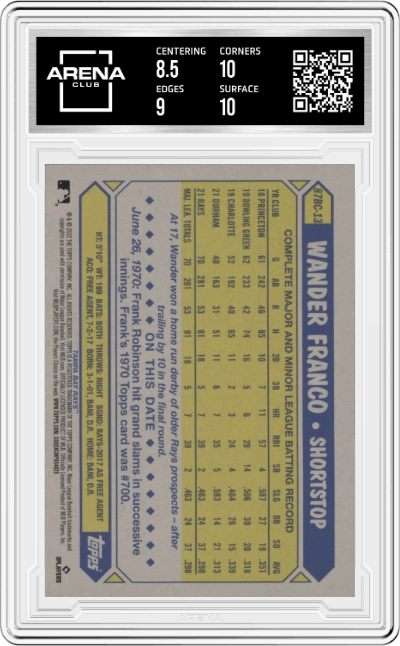 Wander Franco from the 2022 Topps Chrome set graded by Arena Club and given an overall grade of 9.