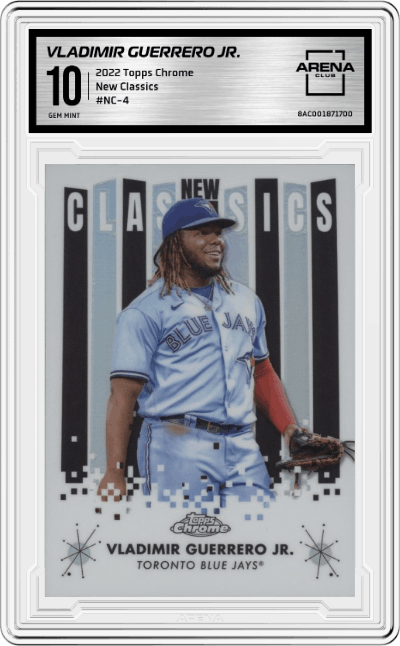 Vladimir Guerrero Jr. from the 2022 Topps Chrome set graded by Arena Club and given an overall grade of 10.