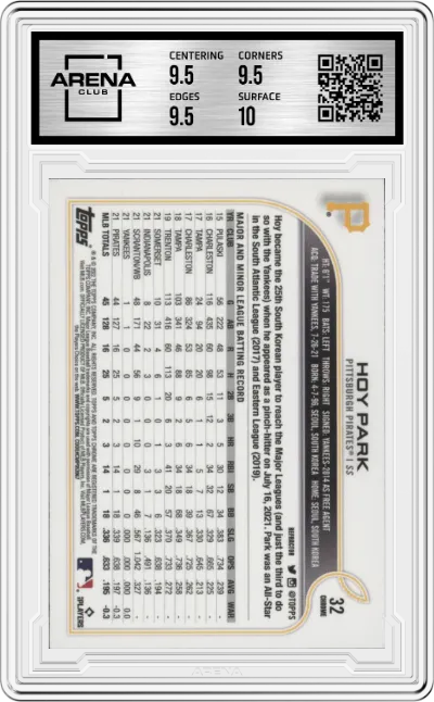 Hoy Park from the 2022 Topps Chrome set featuring a Refractor parallel graded by Arena Club and given an overall grade of 10.
