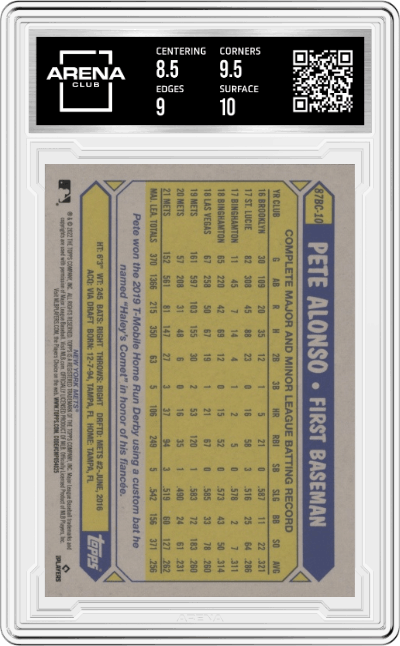 Pete Alonso from the 2022 Topps Chrome set graded by Arena Club and given an overall grade of 9.