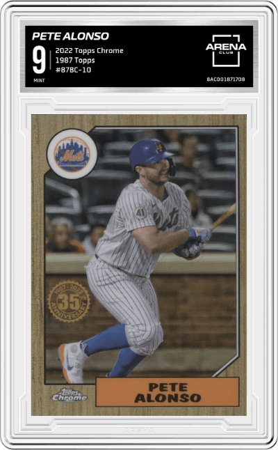 Pete Alonso from the 2022 Topps Chrome set graded by Arena Club and given an overall grade of 9.