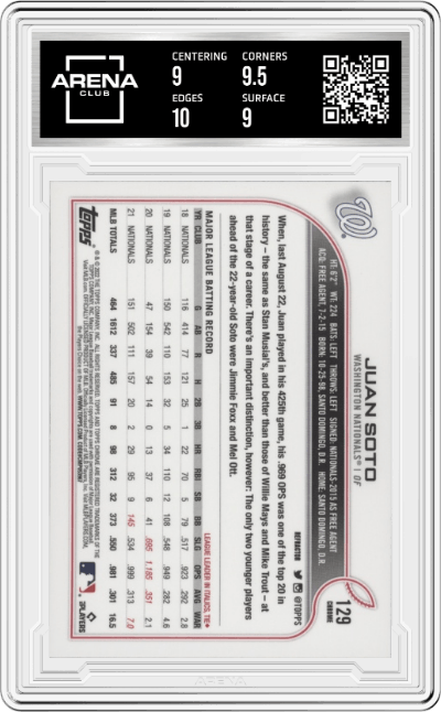 Juan Soto from the 2022 Topps Chrome set featuring a Refractor parallel graded by Arena Club and given an overall grade of 9.5.