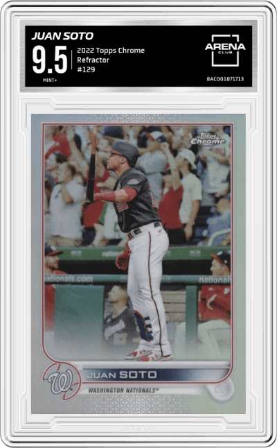 Juan Soto from the 2022 Topps Chrome set featuring a Refractor parallel graded by Arena Club and given an overall grade of 9.5.