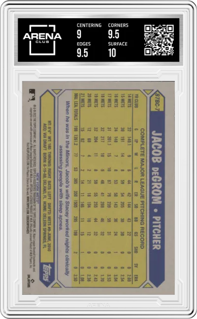 Jacob DeGrom from the 2022 Topps Chrome set graded by Arena Club and given an overall grade of 9.5.