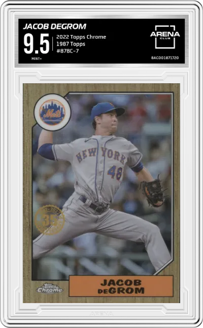 Jacob DeGrom from the 2022 Topps Chrome set graded by Arena Club and given an overall grade of 9.5.