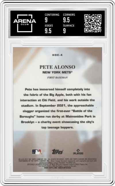 Pete Alonso from the 2022 Topps Chrome set graded by Arena Club and given an overall grade of 9.5.