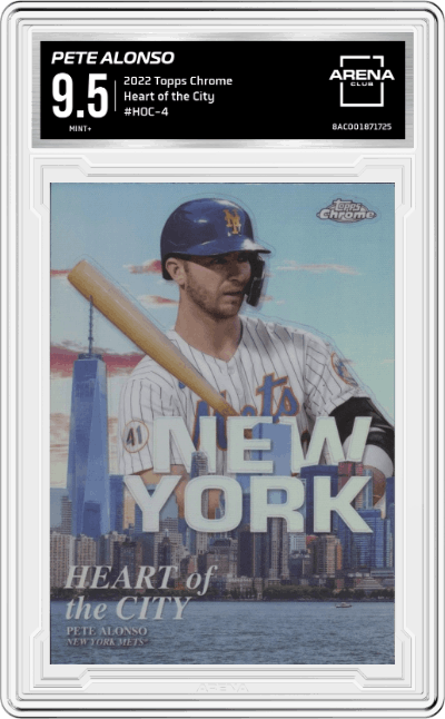 Pete Alonso from the 2022 Topps Chrome set graded by Arena Club and given an overall grade of 9.5.