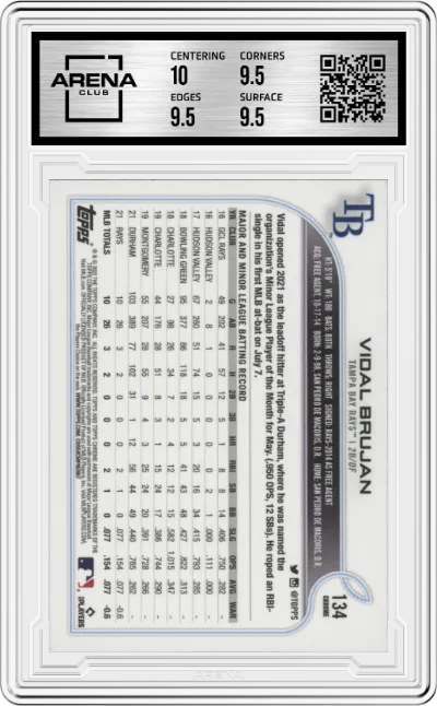 Vidal Brujan from the 2022 Topps Chrome set graded by Arena Club and given an overall grade of 10.