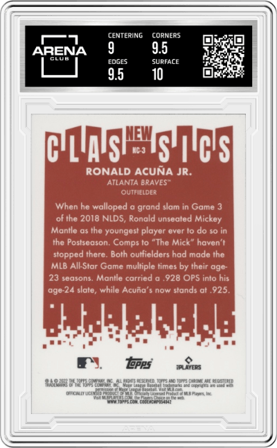 Ronald Acuña Jr. from the 2022 Topps Chrome set graded by Arena Club and given an overall grade of 9.5.