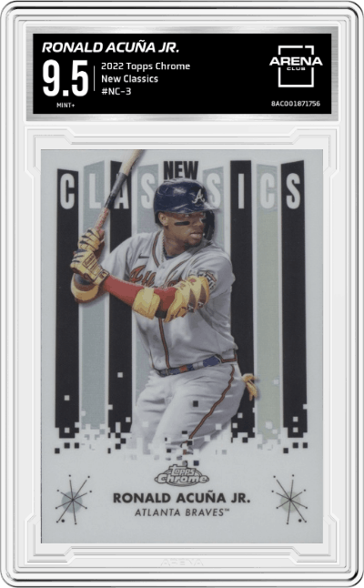 Ronald Acuña Jr. from the 2022 Topps Chrome set graded by Arena Club and given an overall grade of 9.5.