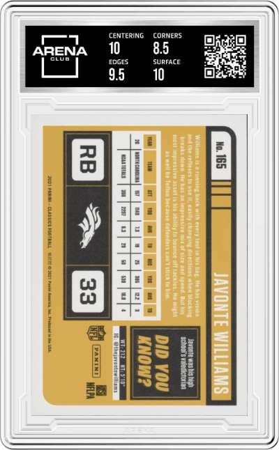 Javonte Williams from the 2021 Panini Classics set featuring a Timeless Tributes Green parallel graded by Arena Club and given an overall grade of 9.
