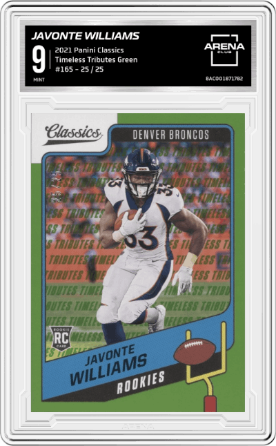 Javonte Williams from the 2021 Panini Classics set featuring a Timeless Tributes Green parallel graded by Arena Club and given an overall grade of 9.