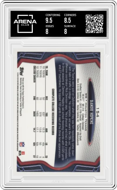 DeAndre Hopkins from the 2013 Topps Chrome set graded by Arena Club and given an overall grade of 8.5.