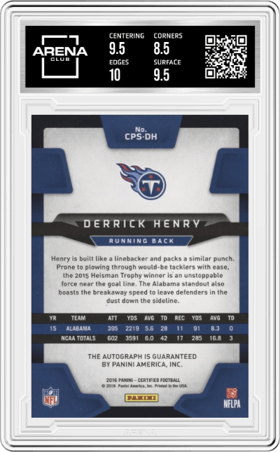 Derrick Henry from the 2016 Panini Certified set featuring a   Gold   parallel graded by Arena Club and given an overall grade of 9.