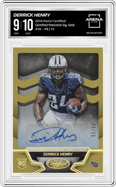 Derrick Henry from the 2016 Panini Certified set featuring a   Gold   parallel graded by Arena Club and given an overall grade of 9.