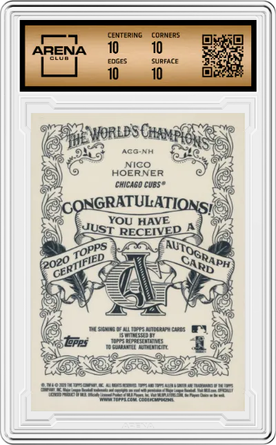 Nico Hoerner from the 2020 Topps Allen & Ginter Chrome set featuring a Refractor Orange parallel graded by Arena Club and given an overall grade of 10.