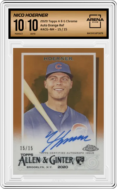 Nico Hoerner from the 2020 Topps Allen & Ginter Chrome set featuring a Refractor Orange parallel graded by Arena Club and given an overall grade of 10.