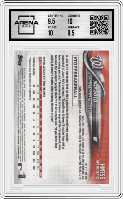 Juan Soto from the 2018 Topps Chrome Update Series set graded by Arena Club and given an overall grade of 10.