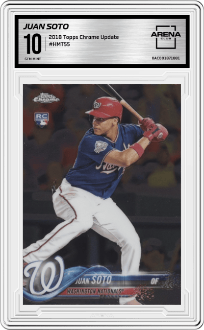 Juan Soto from the 2018 Topps Chrome Update Series set graded by Arena Club and given an overall grade of 10.