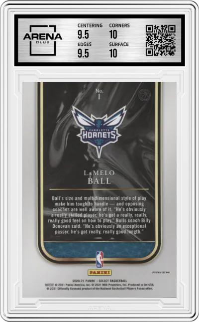 LaMelo Ball from the 2020-21 Panini Select  set featuring a Red parallel graded by Arena Club and given an overall grade of 10.
