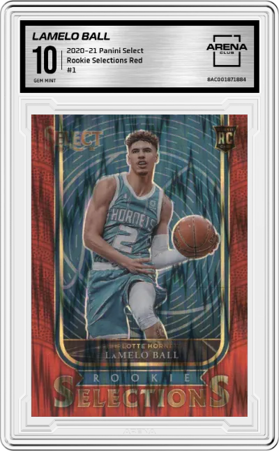 LaMelo Ball from the 2020-21 Panini Select  set featuring a Red parallel graded by Arena Club and given an overall grade of 10.