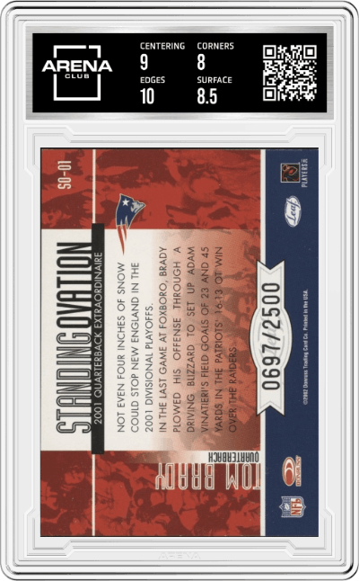 Tom Brady from the 2002 Leaf Rookies & Stars set graded by Arena Club and given an overall grade of 8.5.