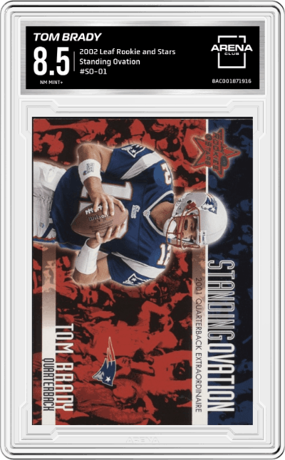 Tom Brady from the 2002 Leaf Rookies & Stars set graded by Arena Club and given an overall grade of 8.5.