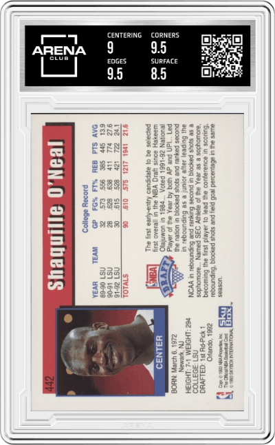 Shaquille O'Neal from the 1993-94 NBA Hoops  set graded by Arena Club and given an overall grade of 9.