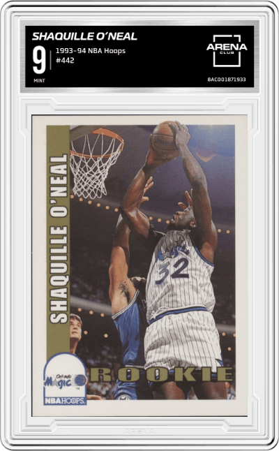 Shaquille O'Neal from the 1993-94 NBA Hoops  set graded by Arena Club and given an overall grade of 9.